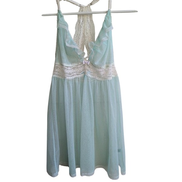 Betsey Johnson Aqua Blue Babydoll Lingerie Lace Trim Ruffle‎ Halter Y2K - Picture 5 of 12